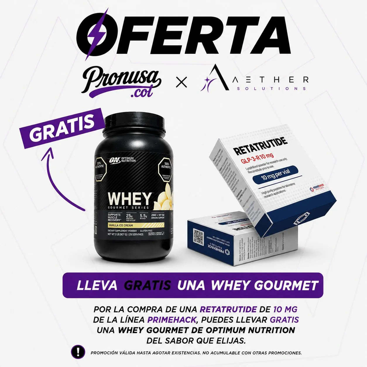 Oferta Pronusa Suplementos — Retatrutide PrimeHack + Whey Gourmet o Creatine Gratis